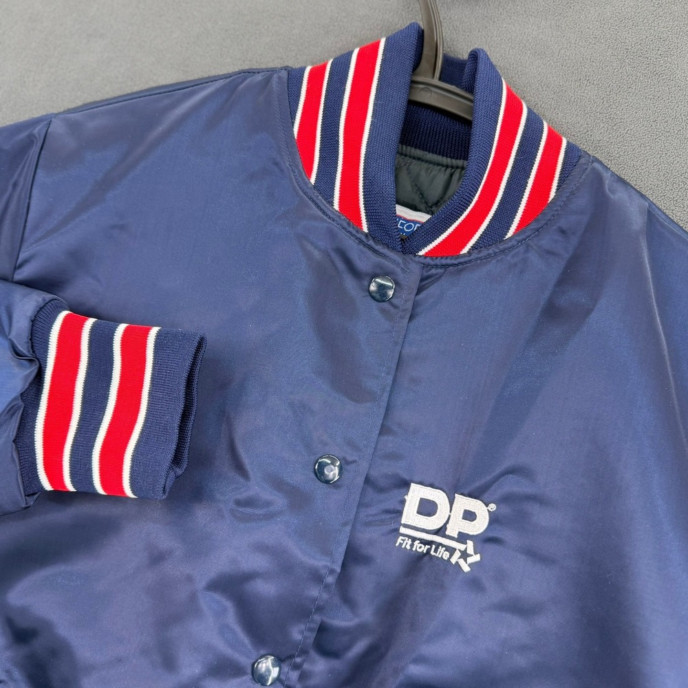 Vtg 80s California Athletic Satin Bomber Jacket XL Navy Blue Varsity Cali Fame
